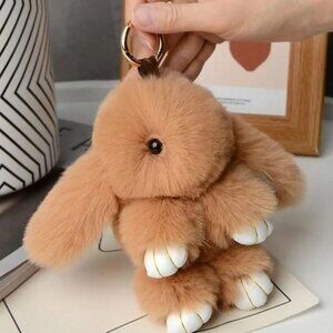 Brown Bunny Plush Keychain – Soft Furry Rabbit Bag Charm